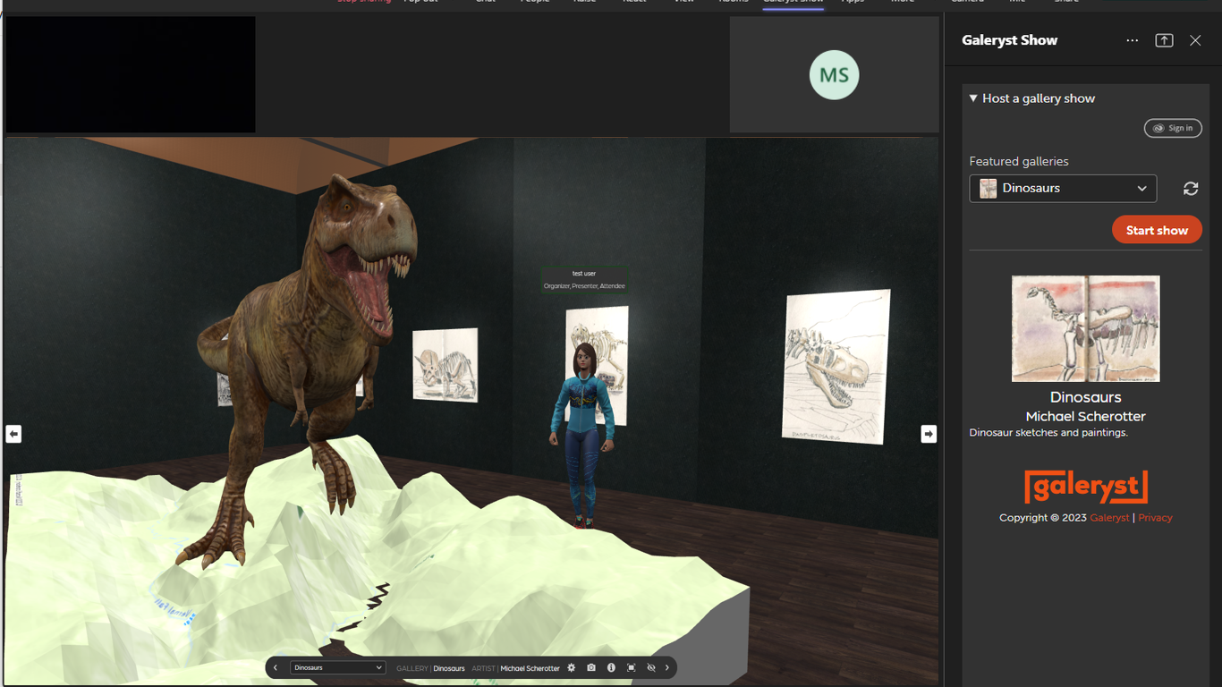 An art gallery with a dinosaur on the left and female avatar on the right.