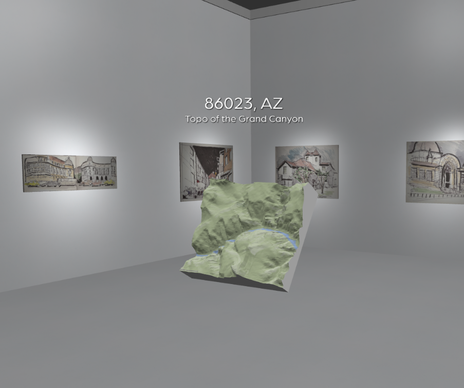 A picture of a gallery with a 3D topographic model.