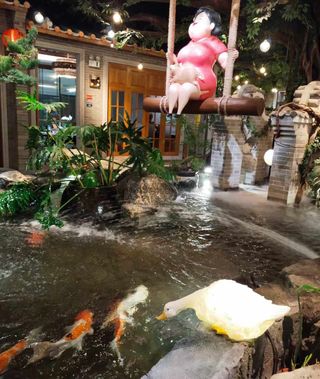 A Mother on a Swing above a Pond of Geese and Fish on Lunar New Year